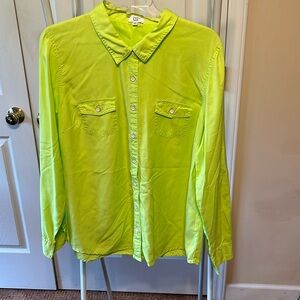 Crown & Ivy Beach long sleeve Bright Neon Green Button Down Blouse Size XL